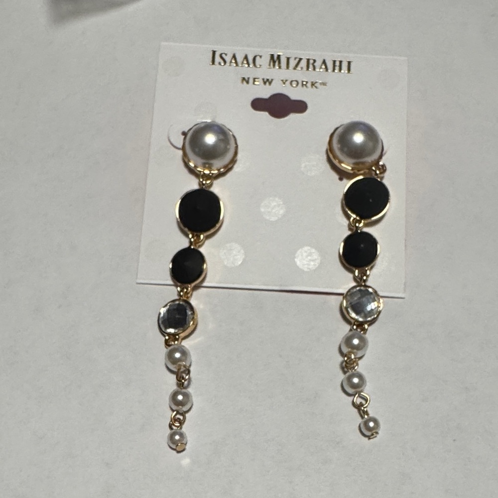 6/$25 - Isaac Mizrahi Gold-Tone Black and Pearl Linear Drop Earrings. (BR666/3) - Picture 2 of 5